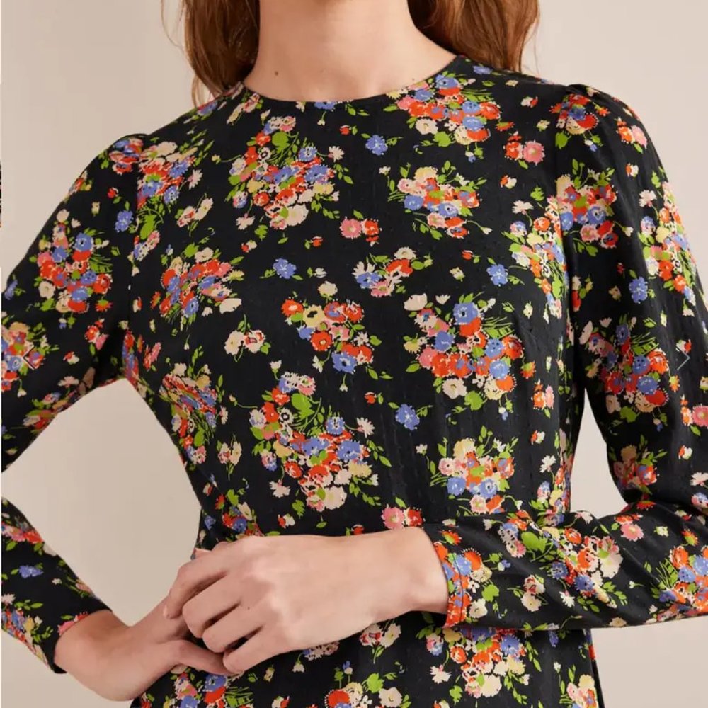 Boden Crew Neck Fit-and-Flare Dress Black, Wild Cluster